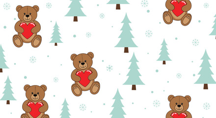 Gentle winter or Valentine's seamless pattern with cute teddy bears holding red hearts among pine trees and snowflakes on white.