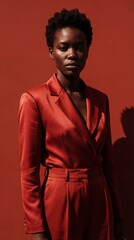 Fashionable african black woman in red outfit posing against terracotta background