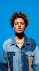 Confident woman with freckles posing against electric blue background
