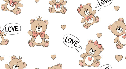 Obraz premium Cute seamless Valentine's pattern with adorable teddy bears, hearts, and 'LOVE' speech bubbles for a romantic celebration.