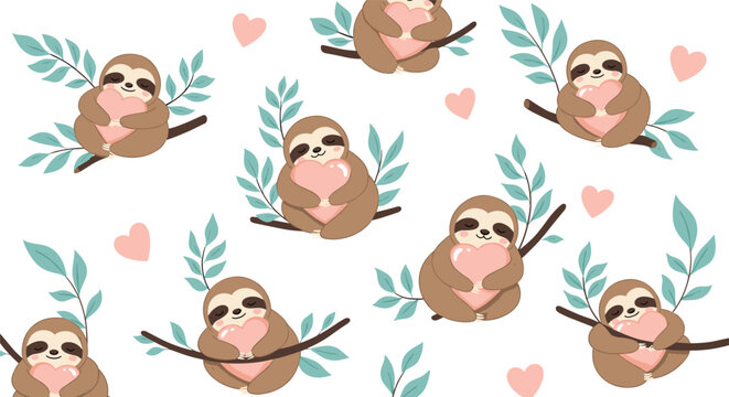 Adorable seamless Valentine's pattern with cute cartoon sloths hugging pink hearts while hanging on tree branches with leaves.