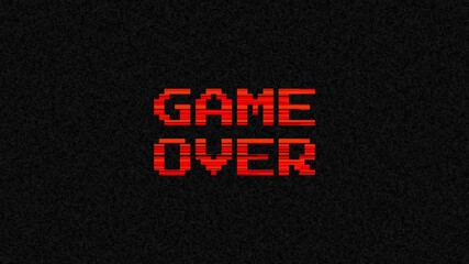 Game over pixel art with orange words against black background on glitch effect. Suitable for gaming graphics, retro designs, and nostalgic visuals. - Powered by Adobe