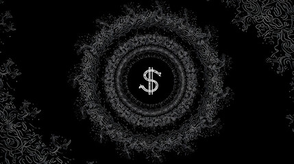 cynicism. A distorted spiral pattern featuring a currency symbol at its center in monochromatic graphic design style. pitch deck slides.