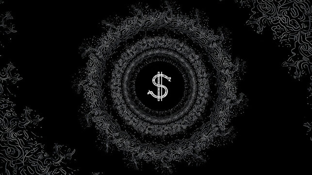 cynicism. A distorted spiral pattern featuring a currency symbol at its center in monochromatic graphic design style. pitch deck slides.
