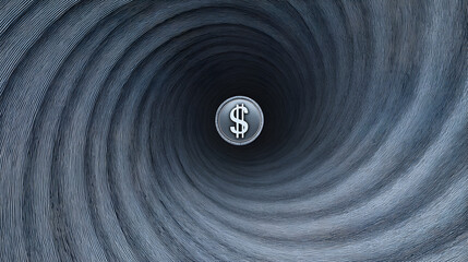 cynicism. A distorted spiral pattern featuring a currency symbol at its center in monochromatic graphic design style. pitch deck slides.