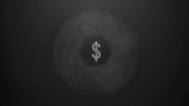cynicism. A distorted spiral pattern featuring a currency symbol at its center in monochromatic graphic design style. pitch deck slides.