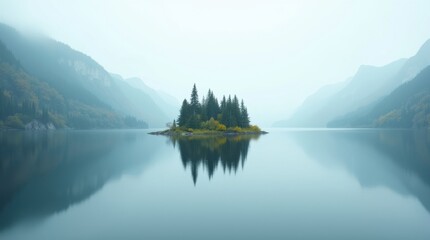 Serene island forest reflected in calm lake amidst misty mountains