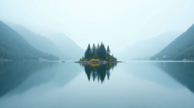 Serene island forest reflected in calm lake amidst misty mountains - Powered by Adobe
