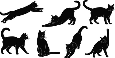 Black cat silhouette vector illustration set, domestic feline characters in various poses like stretching and jumping isolated on white background for pet design, © MSTMUNMUN