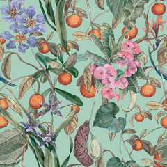 A tropical seamless pattern with orange fruits, orchid flowers, milkweed, and Lagerstroemia. Botanical wallpaper with exotic plants, hand-painted in watercolor.