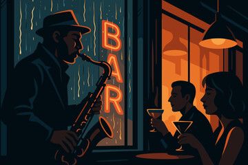 Saxophone player performs in bar during rainy night while couple enjoys drinks at table