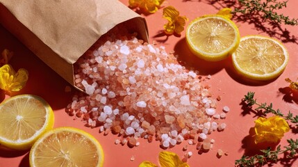 Pink Himalayan salt crystals spilled from paper bag with lemon slices, herbs, and yellow flowers on vibrant background