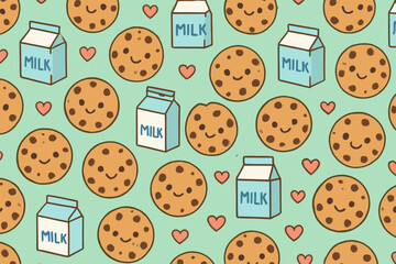 Pattern of cookies and milk on a light background with simple faces and hearts in a fun design for a playful theme