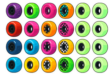 Different skateboard wheels in various colors and designs displayed on a white background for easy selection and comparison