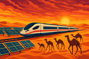 Train travels through desert landscape with camels and solar panels at sunset