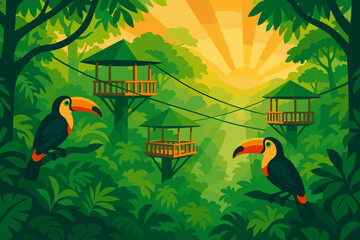 Toucans sit on branches in a green jungle with tree houses and sunrise in the background