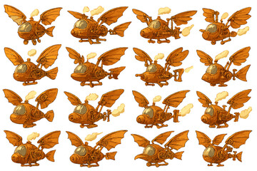Steampunk flying machines with wings and propellers in various designs and styles for imaginative adventures