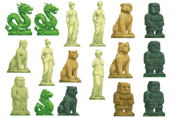 Statues of various animals and figures are arranged in a colorful display, showcasing intricate designs and diverse shapes