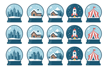 Snow globes show different scenes of buildings, mountains, rockets, and a circus in a winter setting
