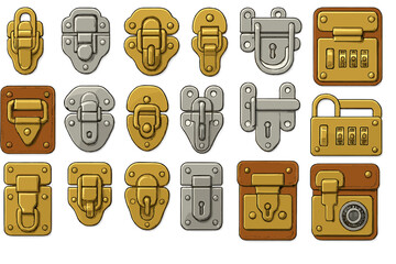 Different types of locks and fasteners in various colors and designs on a plain background for use in artwork or design