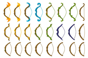 Different types of bows displayed in a line showcasing design and colors by an artist in a studio or workshop setting