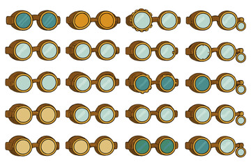 Collection of different styles of goggles arranged in rows with assorted colors and designs on a plain background