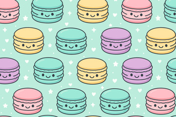 Cute macarons with smiling faces on a light teal background with small stars and hearts in a repeating pattern