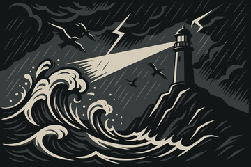 Stormy waves crash against a lighthouse while lightning strikes and birds fly in a dark sky