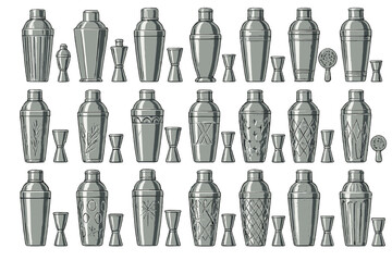 Collection of cocktail shakers and jiggers arranged on a plain background showcasing various designs and shapes for bartending