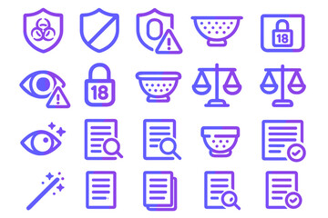 Collection of safety and security icons showing warning signs and symbols related to protection and regulation