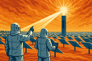 Scientists observe solar energy setup while discussing its potential impact on renewable energy sources