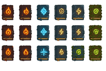 Collection of magic book icons showing different elemental symbols and designs in a grid layout
