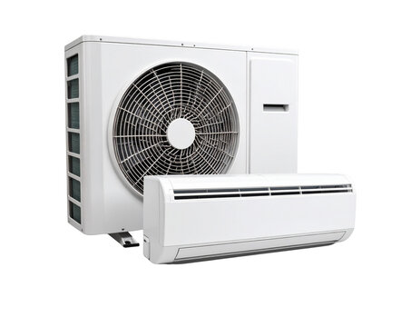 Isolated against a white background are the outside and inside units of a white air conditioner split system, cut out