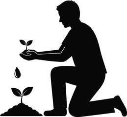 Man Watering Plant Growth Silhouette Vector