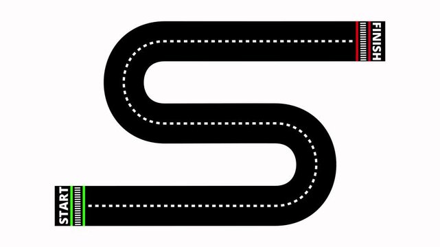 Abstract curved road for race track with start to finish line animation. Black color start to finish race track, one lane moving road animated on white background. 4k
