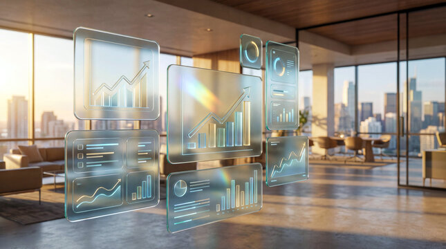 3D transparent charts and graphs hovering in a modern high-rise office space, visualizing futuristic data analytics - Powered by Adobe