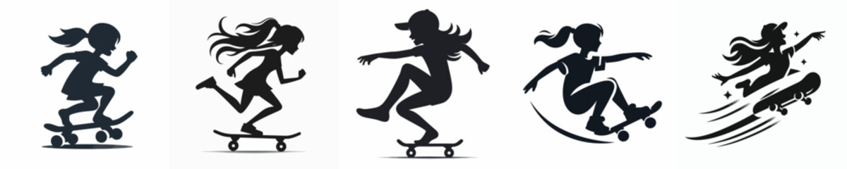 Silhouette of a Girl Riding a Skateboard Vector Illustration