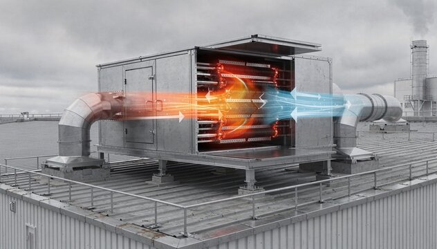 Medium shot of a roofmounted energy recovery ventilator with heat exchangers capturing heat from dryer exhaust to enhance energy efficiency in industrial drying.
