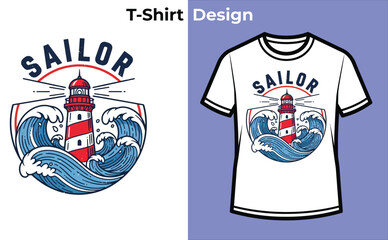 Fototapeta premium T-shirt design, Sailor Lighthouse Waves Vector Graphic Print Apparel Template