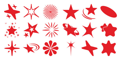Obraz premium Collection of red star shapes and abstract bursts white