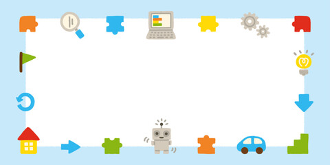 プログラミング パズル アイコン 横長フレーム 手描き パステル