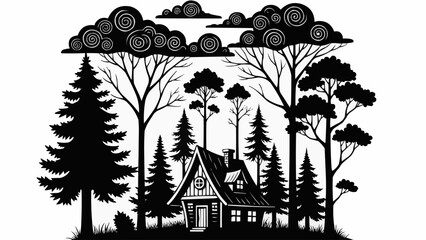Rustic cabin nestled amongst tall pine trees and stylized clouds.