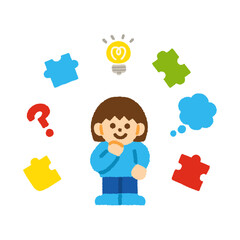 考える 女の子 アイデア アイコン パズル 手描き パステル