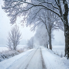 A serene winter landscape featuring a snow-covered road winding through a forest of frost-laden trees.