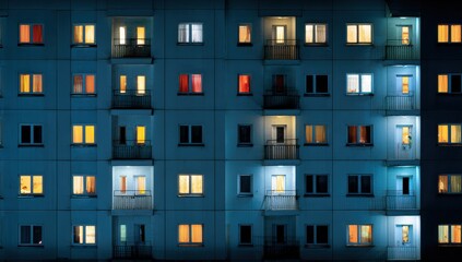 Vibrant photo of Close-up of modern apartment building balconies and lit windows at night with blue tones