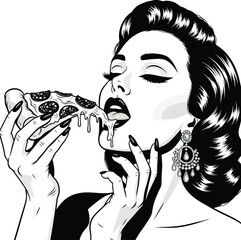 Woman Eating Pizza Pop Art Vector