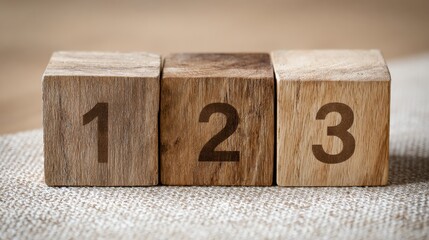 Set of three rustic wooden blocks with numbers 1, 2, and 3 on a textured fabric surface