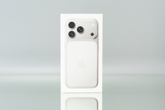 Germany Berlin December 25, 2025. Close-up of the Apple iPhone 17 Pro box front in white with visible camera layout. Studio lighting emphasizes detail and premium packaging quality.
