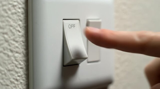 Finger pressing off switch wall plate creating quiet moment of power cutoff and intentional pause white light switch off textured wall close up plastic toggle switch detail and blank rocker switch