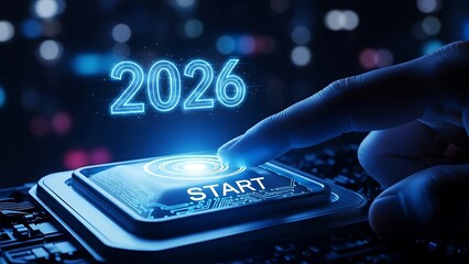 A hand pressing a start button with the year 2026 digitally displayed